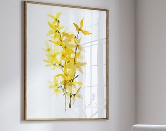 Flores abstractas de Forsythia, decoración de pared amarilla, estampado floral único de botánicos de acuarela, arte moderno de granja