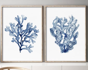 Navy Blue Coral & Seaweed, Minimalist Wal Decor, Coastal Artwork, Set of 2 Prints, Watercolor Corals, Set of Two Nautical Illustrations