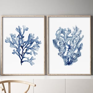 Navy Blue Coral & Seaweed, Minimalist Wal Decor, Coastal Artwork, Set of 2 Prints, Watercolor Corals, Set of Two Nautical Illustrations