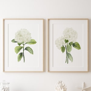 Watercolor Large Flowers, White Hydrangea Annabelle Painting, Minimalist Wall Decor, Royal Floral Art, Set of 2 Prints