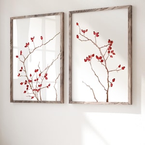 Impresiones de acuarela de frutos rojos: juego de 2 obras de arte de pared botánicas de rosa mosqueta, decoración minimalista inspirada en la naturaleza, obra de arte para todas las estaciones