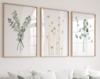 Extra Large Minimalist Wall Decor, Set of 3 Prints, Botanicals, Floral Light Green Nature Drawing, Modern Minimalistic, Queen Size Bed Art