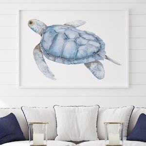 Blaue Aquarell-Schildkröten-Kunstdruck – Küsten-Meeresleben Wandkunst, Nautische Ozean-Deko, Strandhaus Kunstwerk, Schildkröten-Gemälde