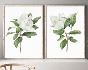 Fiori di Magnolia bianca, Set di 2 stampe, Belle arti minimaliste, Decorazioni ad acquerello, Fiori primaverili reali, Arte floreale esotica, Bianco e verde