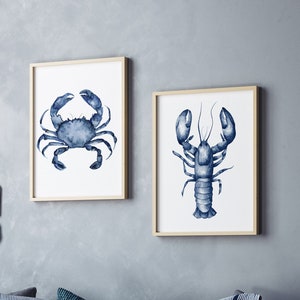 Oceaan kreeft en krab schilderij, set van 2 prenten, kunstposters, modern minimalistisch kamerdecor, oceaandieren