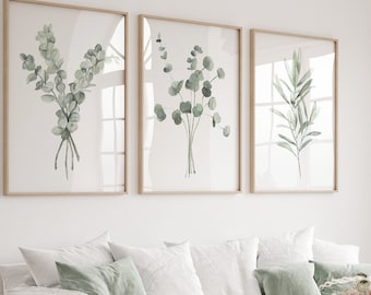 Minimalistische Wanddekoration, Hellgrünes Eukalyptus- & Olivenzweig Gemälde, 3er-Set Prints, Grünes Wohndekor, abstrakte Kunst, Geschenkidee, Kräuter