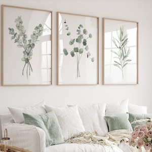 Watercolor set of 3 prints cosnisting of olive branch and eucalyptus against white background hangs in a modern living room. These watercolor plants are painted in sage green and delicate shades of green. Fine art posters available in all sizes.