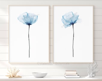 Watercolor Blue Gray Abstract Peony Set of 2 Prints Floral Bedroom Living Room Floral Wall Art Minimalist Flower Botanical Print Navy Indigo