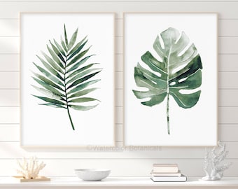 Foglie esotiche tropicali dell'acquerello, set di 2 stampe, arredamento della camera verde smeraldo, poster d'arte con stampa botanica moderna scandinava