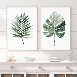 Watercolor Tropical Exotic Leaves, Set of 2 Prints, Green Emerald Room Decor, Scandinavian Modern Botanical Print Fine Art Poster