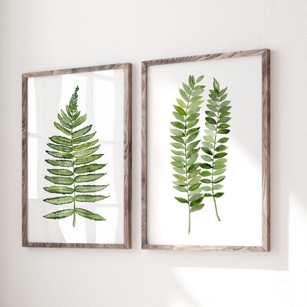 Watercolor Fern Painting, Minimalist Wall Decoration, Extra Large Artwork, Set of 2 Prints, Hand Painted Greenery, Botanical Poster