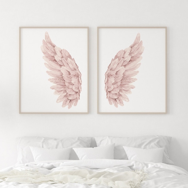 Ailes d'ange aquarelle, décoration murale minimaliste moderne, affiche d'art extra large pour chambre de bébé fille ou chambre de fille plus âgée, art rose