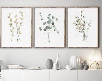 Aquarell Dekor Blume Baby Eukalyptus Lavendel Mimoza 3er Set Drucke Abstraktes Modernes Kunstwerk Gelb Grün Beige Pflanze Nordischer Scandi Raum