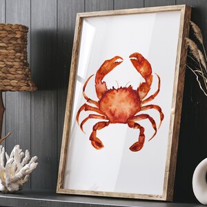 Aquarel oranje krabafdruk – kust nautische muurkunst, strandhuisdecor, fine-art poster voor op de oceaan geïnspireerd huisdecor