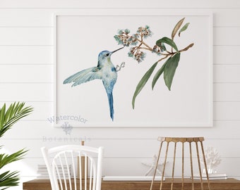 Minimalist Watercolor Hummingbird with Eucalyptus Branch, Horizontal Art Print, Bird Painting, Coastal Art by Eveline Patrzalek