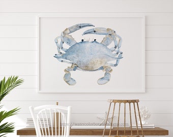 Coastal Wall Decor, Minimalist Blue Crab, Horizontal Single Print, Extra Large Poster, Modern Hamptons Artwork