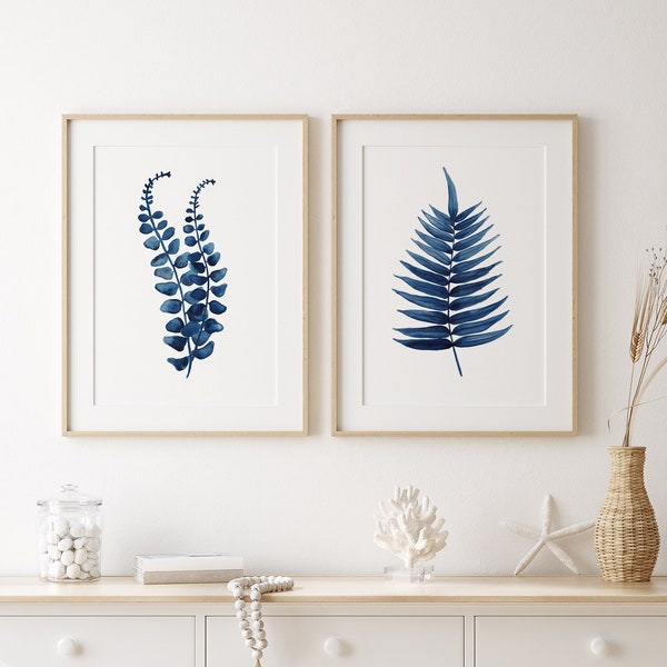 Watercolor Fern Set in Navy Blue & Indigo, Set of 2 Prints, Minimalist Botanical Wall Decor, Extra Large Art,Extra Lareg Fine Art Posters