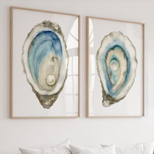 Watercolor Oyster Prints – Set of 2 Prints – Blue Coastal Wall Art – Personalized Gift