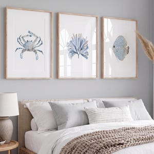Blue Coastal Wall Art Set of 3 – Coral, Crab & Fish Watercolor Prints, Modern Sea Life Decor Nautical Ocean Animal Art for Beach Homes