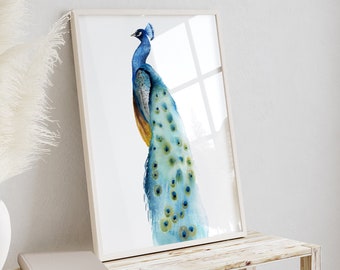 Aquarell Pfau Malerei, moderne abstrakte Vogel Illustration, minimalistische Zeichnung, Paradiesvogel, Geschenkidee, extra große Kunst Poster