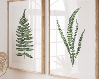 Watercolor Ferns, Minimalist Green Set of 2 Prints, Minimalistic Botanical Wall Illustration, Nature Art, Fern Leaves, Modern Posters