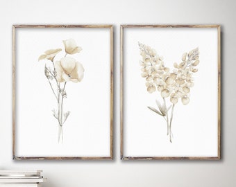 Kalifornische Mohnblumen, Bluebonnet Druck, Minimalistisches Wildblumen Gemälde, Giclee, Botanische Kunst, Florale moderne Kunst, Set von 2 Drucken