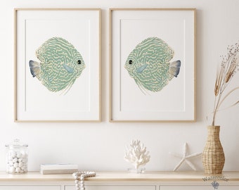 Sage Green Fish, Set of 2 Prints, Coastal Farmhouse Wall Decor, Modern Art by Watercolor Botanicals, Minimalist Art Poster, Living Room Art