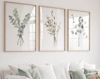 Aquarell Lavendel, Eukalyptus Kunstdruck, Minimalistische Wand-Dekor, Set von 3 Drucken, Botanische Fine Art, Floral hellgrün Kunstwerk Natur Kunst