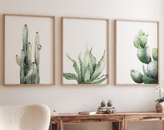 Set di 3 stampe, Cactus, Opuntia & Aloe Vera Set, Green Watercolor Modern Wall Decor, Abstract Hygge Leaves, Scandinavian Minimalist Art