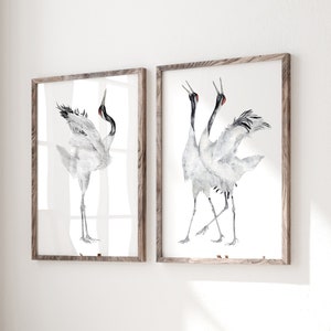 Gru extra large, set di 2 stampe, decorazioni per la casa con acquerelli, opere d'arte minimaliste, dipinti di uccelli, arte moderna della natura, gru giapponesi