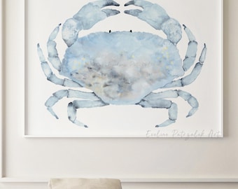Lámina decorativa de cangrejo azul para pared – Ilustración marina en acuarela, decoración costera, vida marina pintada a mano.