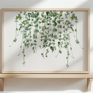Acquerello minimalista verde, decorazione da parete, opera d'arte Hygge, immagine orizzontale, foglie sospese, collana di cuori, arte moderna