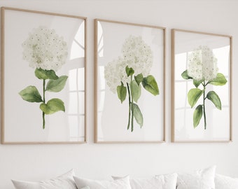 Watercolor White Hydrangea Painting, Set of 3 Prints, Minimalist Botanical Wall Decor, Hand-painted Artwork, Extra Large Fine Art Posters