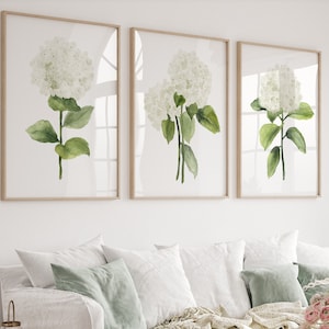 Watercolor White Hydrangea Painting, Set of 3 Prints, Minimalist Botanical Wall Decor, Hand-painted Artwork, Extra Large Fine Art Posters