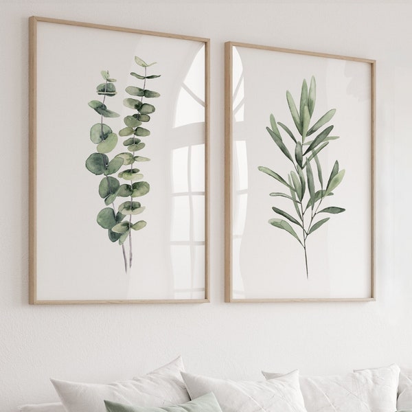 Groene eucalyptus & olijftak, aquarel set van 2 prints, minimalistisch wanddecor, botanische print, bloemenschilderij, moderne groenprint