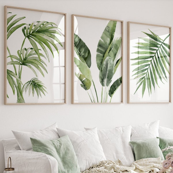 Tropical Watercolor Leaves, Set of 3 Prints, Exotic Greenery, Banana & Fan Palm Leaf Bunch, Minimalist Decor, Beach House Artwork