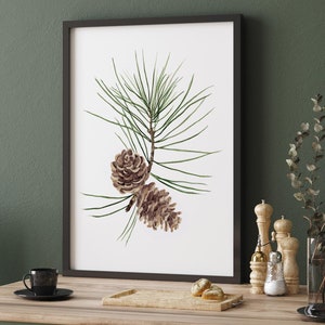 Dipinto di rami di pino, decorazione murale moderna minimalista, opera d'arte scandinava, illustrazione nordica, arte per le festività invernali e natalizie
