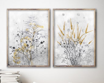 Modern Wall Art Print, Black Gray Yellow Wall Decor, Wild Flowers, Floral Set of 2 Prints, Flower Poster, Botanical Art Print, Abstract Art