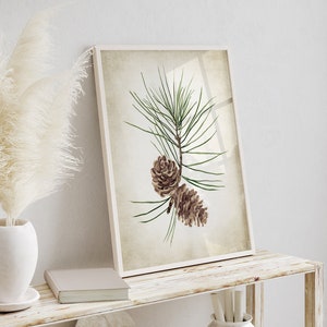 Ramo di pino con pigne, dipinto contemporaneo in stile rustico, decorazione murale minimalista, stampa botanica, arte contadina