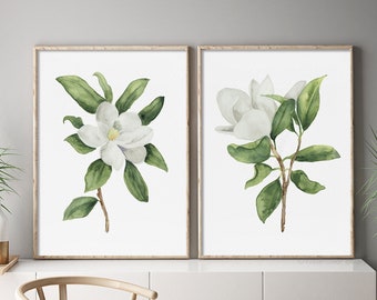 White Magnolia Art Print, Set di 2 stampe, Arredamento murale minimalista, Pittura ad acquerello, Fine Art, Fiori primaverili reali, Magnolia Blossom