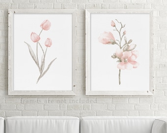 Watercolor Tulips Set of 2 Prints Flower Minimalist Abstract Floral Wall Artwork Plant Flowers Drawing Botanical Print Nursery Magnolia Art