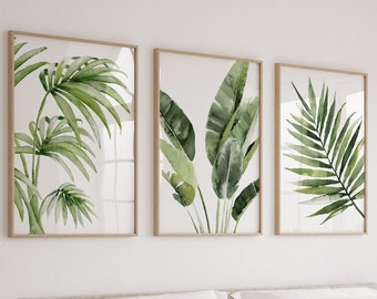 Set di 3 stampe, arte esotica extra large, stampa artistica verde, immagini botaniche, decorazione murale verde minimalista