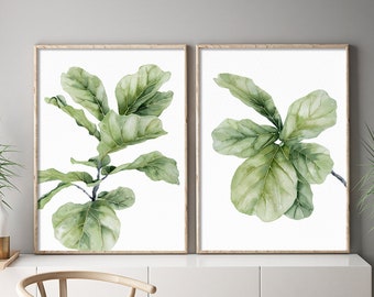 Fiddle Fig Leaves Painting, Watercolor Set of 2 Prints, Green Wall Art, Minimalist Nature Art, Botanical Fine Art Print, Exotic Plants