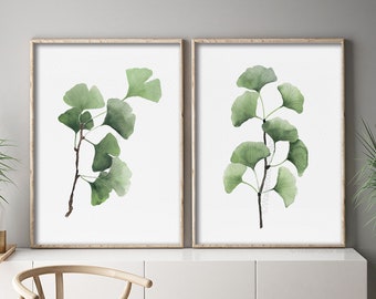 Watercolor Ginkgo Leaves, Neutral Green Minimalist Painting, Tree Branch, Plant, Set of 2 Prints, Botanical Wall Decor, Tropical Exotic Art