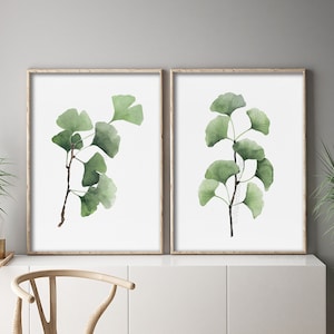 Aquarell Ginkgo Blätter, Neutral Grün Minimalistische Malerei, Baum Ast, Pflanze, Set von 2 Drucken, Botanische Wanddeko, Tropische exotische Kunst Bild 1