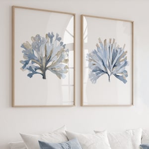 Light Blue Seaweed, Watercolor Minimalist Art, Coastal Wall Decor, Beach House Art, Set of 2 Botanical Prints, Water Plants, Modern Hamptons