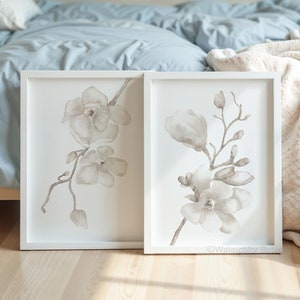 Beige magnolia-aquareltekeningen – set van 2 minimalistische abstracte botanische prints, grote handgeschilderde natuurkunst