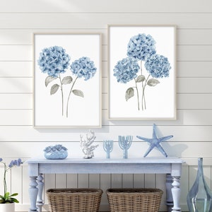 Hydrangea Art Print, Watercolor Hydrangea Painting, Set of 2 Prints, Nature Wall Decor, Royal Flowers, Baby Blue Gray Artwork, Fine Art
