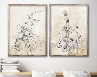 Minimalist Black Flowers on Vintage Background, Rustic Boho Wall Decor, Botanical Set of 2 Prints, Wild Floral Art