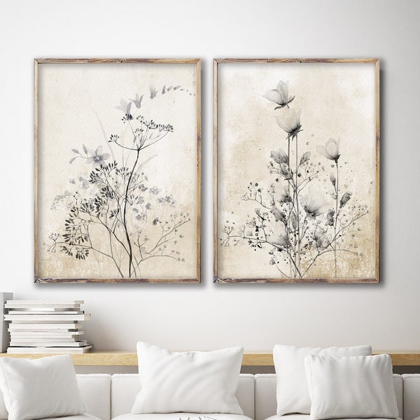 Fleurs noires minimalistes sur fond vintage, décoration murale bohème rustique, lot de 2 estampes botaniques, art floral sauvage